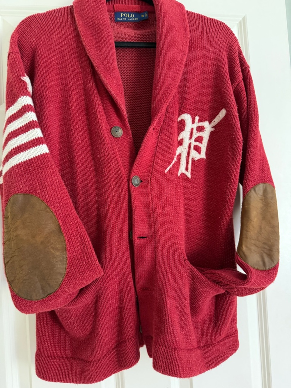 Ralph Lauren Red Shawl Collar Cardigan with White Crest & Brown Elbow Patches